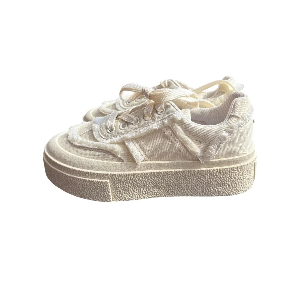 Pacogil Kids Cream Canvas‎ Frayed Platform Sneakers Low Top Distressed Shoes
